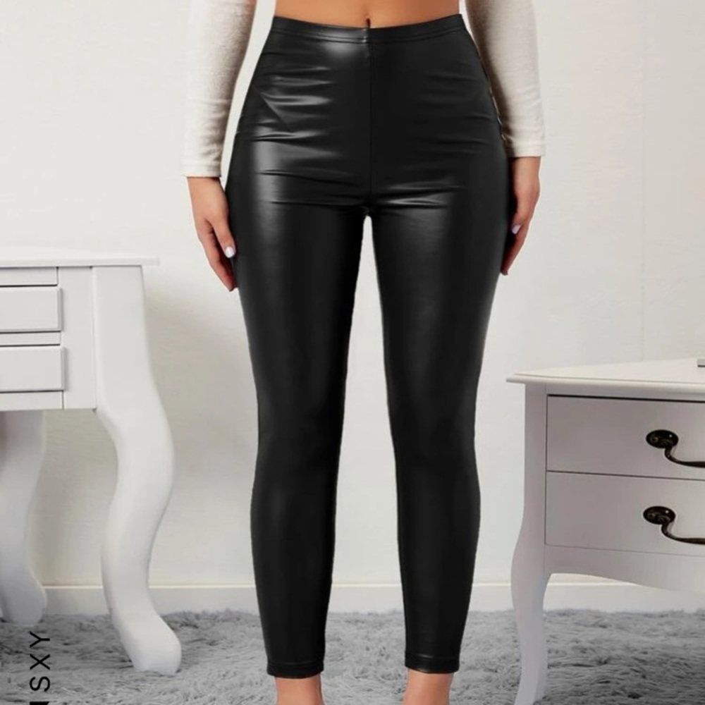 SHEIN solid PU leather leggings